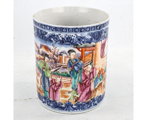 A Chinese 18th century famille rose porcelain tankard, with enamel painted panels, height 13cm 