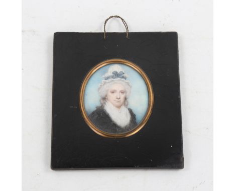 19th century miniature watercolour on ivory, portrait of a woman, unsigned, in original lacquer frame, 11cm x 10cm 