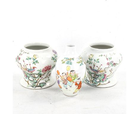 A pair of Chinese white glaze porcelain vases, with painted enamel exotic birds, 4 character marks with wax seals, height 14c