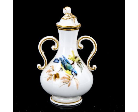 A small German porcelain 2-handled flask and cover, with hand painted garden birds, crossed swords mark, height 8cm 