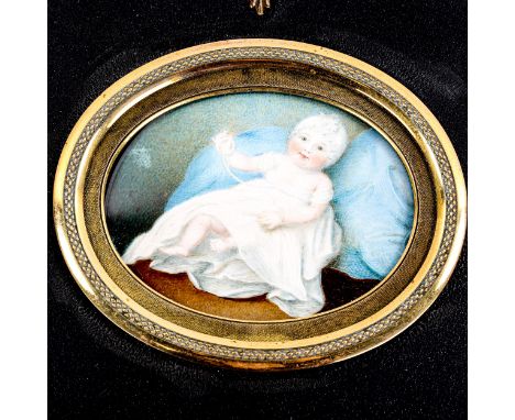 A 19th century miniature watercolour on ivory, portrait of a baby, in brass-mounted lacquer frame, frame dimensions 14cm x 17