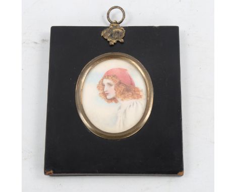 19th century miniature watercolour on ivory, portrait of woman wearing a red hat, original lacquer frame, 12cm x 10cm 