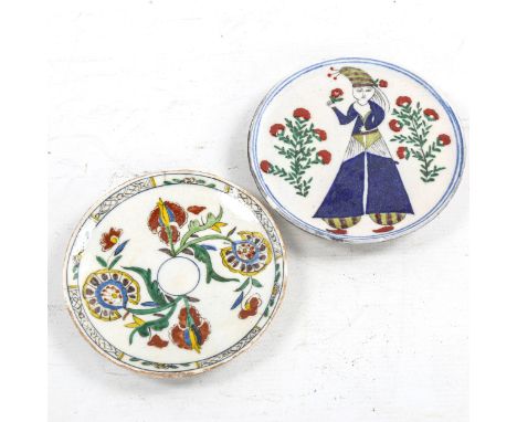 2 Turkish Ottoman Kutahya ceramic dishes, largest 14.5cm diameter 