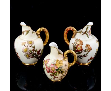 3 Royal Worcester flat-back jugs, with hand painted and gilded decoration 