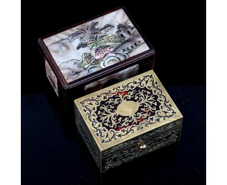 A small 19th century Boulle marquetry inlaid trinket box, width 9cm, and a Chinese mother-of-pearl inlaid hardwood box, width