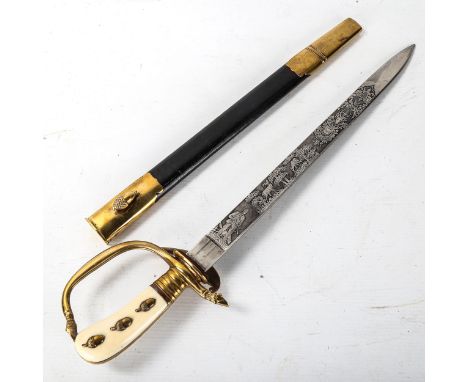 A German Second War Period Forester's dagger, the blade etched with hunting scenes, gilt-brass hilt with ivory grips inlaid w