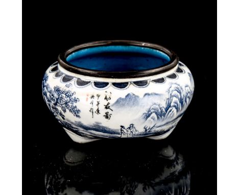 A small Chinese enamel brush pot, with painted landscape scenes and text, diameter 7.5cm 
