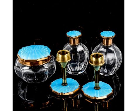 A 5-piece blue enamel-topped dressing table set, circa 1940s 