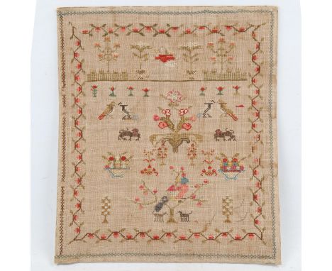 19th century needlework sampler, undated and unframed, 41cm x 36cm 