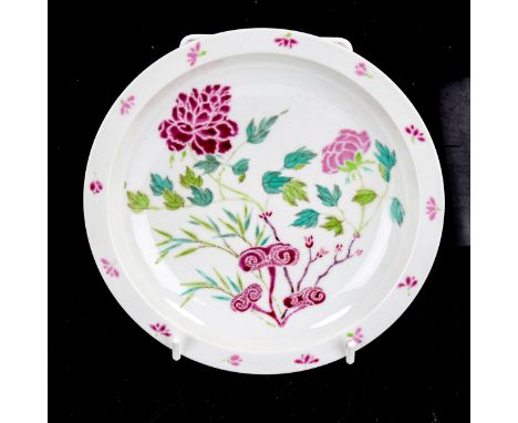 A Chinese white glaze porcelain dish with painted enamel flowers, seal mark, diameter 16cm 