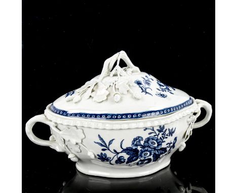 An 18th century Worcester blue and white porcelain tureen and cover, circa 1770, cabbage rose pattern with transfer printed d
