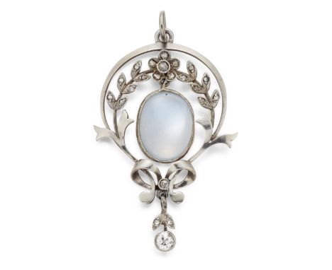 AN EARLY 20TH CENTURY MOONSTONE AND DIAMOND PENDANT, the central oval moonstone cabochon, collet mounted and suspended within