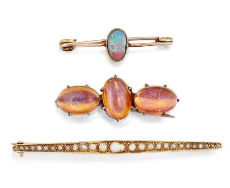 TWO GOLD BROOCHES AND ANOTHER, the first an 18ct cultured pearl bar brooch, 58mm long, 4.2g; the second an oval opal cabochon