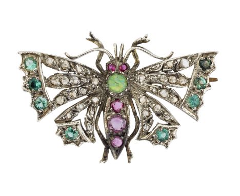 A DIAMOND, RUBY, EMERALD AND OPAL BUTTERFLY BROOCH, the body set with round rubies and a single opal cabochon, with wings set