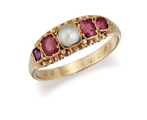 A RUBY AND SPLIT PEARL RING, the central split pearl set to either side with mixed cut rubies, all collet and claw mounted wi