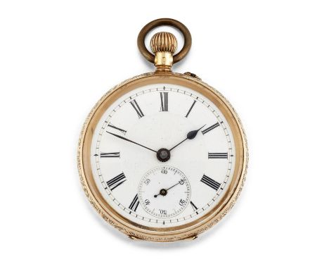 A 14K GOLD OPEN FACED POCKET WATCH.&nbsp;Circular white enamel dial with roman black index and outer minute track, sub second
