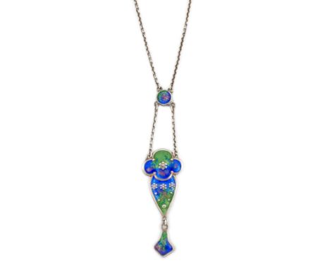 AN EARLY 20TH CENTURY SILVER AND ENAMEL PENDANT BY CHARLES HORNER, the blue and green enamel pendant with integrated chain, p