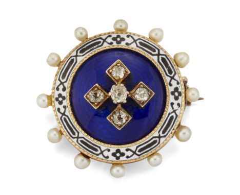 A VICTORIAN DIAMOND, PEARL AND ENAMEL BROOCH, the round brooch set to centre with an old mine cut diamond and four further ol