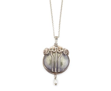 AN ART NOUVEAU STYLE SILVER AND CULTURED PEARL PENDANT, the off round Art Nouveau style pendant with an oval cultured pearl d