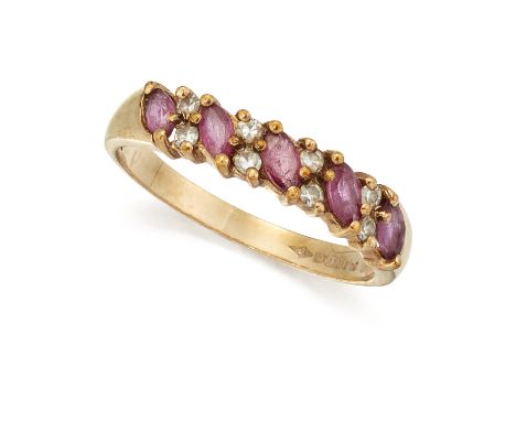 A 9CT RUBY AND DIAMOND HALF HOOP RING, the upper half set with marquise shape rubies, interspaced with two small round diamon