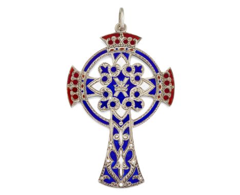 A SCOTTISH SILVER AND ENAMEL CROSS PENDANT, the pendant enamelled in red, white and blue, with Scottish thistle mark to rever