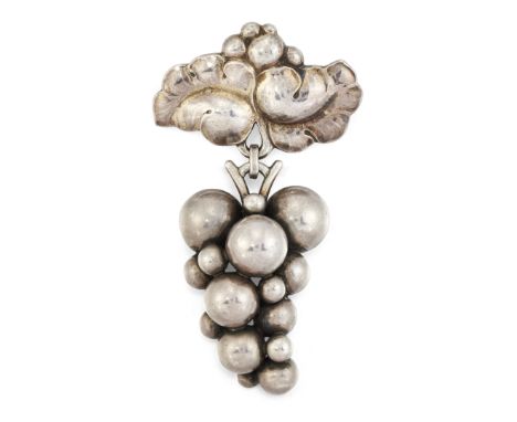 A GEORG JENSEN 'MOONLIGHT GRAPES' BROOCH, NO.217, the modelled bunch of grapes suspended from two leaves, stamped to reverse 