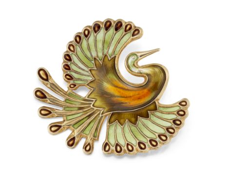 A DAVID ANDERSEN SILVER AND ENAMEL PEACOCK BROOCH, the polychrome enamelled peacock with wings and tail feathers splayed, sta
