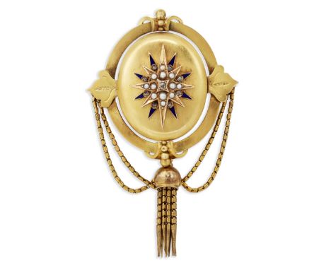 A VICTORIAN 18 CARAT GOLD SEED PEARL, DIAMOND AND ENAMEL TASSEL BROOCH, the oval brooch set to centre with a single small old