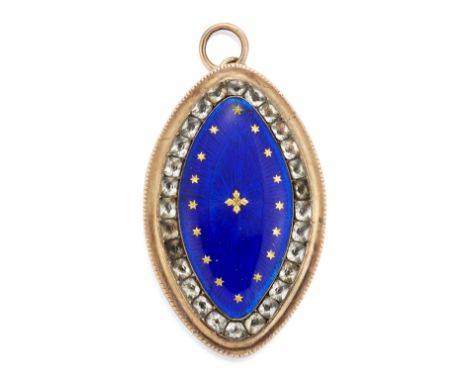 A 9CT WHITE HARDSTONE NECKLACE, the marquise shaped pendant set with a blue enamel panel with gold decoration, surrounded by 