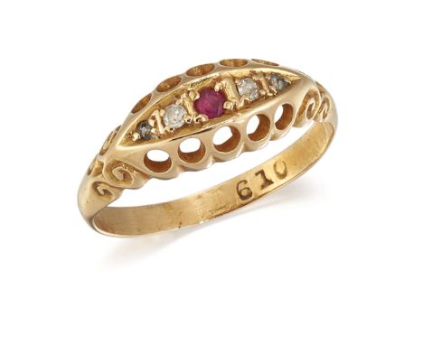 AN 18 CARAT GOLD RUBY AND DIAMOND RING, the small central round ruby set to either side with a single cut diamond and rose cu