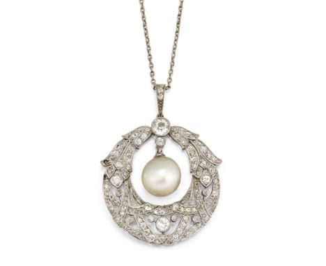 A BELLE EPOQUE DIAMOND AND CERTIFIED NATURAL SALTWATER PEARL PENDANT, the central off round pearl, 9.8 x 9.2 x 7mm, suspended