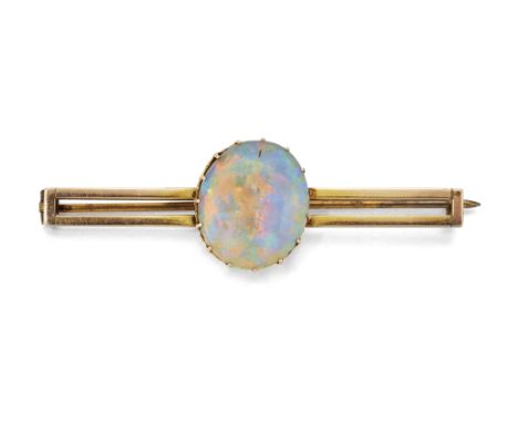 A BLACK OPAL BAR BROOCH, the oval black opal, approx. 16.7 x 14.4 x 5.1mm, claw mounted to plain bar, with pin and safety cat