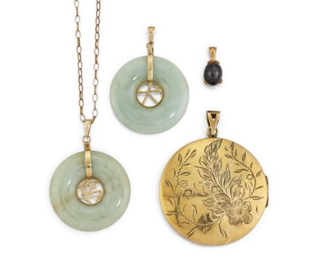 TWO JADE PENDANTS AND TWO OTHER PENDANTS, the two round bi style pendants with Chinese characters to centre, both with hangin