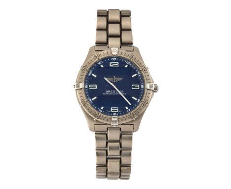 A GENTS TITANIUM BREITLING AEROSPACE BRACELET WATCH. Circular black dial with two digital apertures, arabic indices at 3/6/9/
