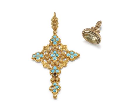 A TURQUOISE CROSS AND A CITRINE SEAL, the cross set with turquoise cabochons and cannetille style decoration, all set in unma
