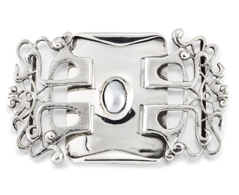 A LIBERTY &amp; CO, CYMRIC SILVER AND BUTTON PEARL BUCKLE, the central rectangular plaque set with a collet mounted oval butt