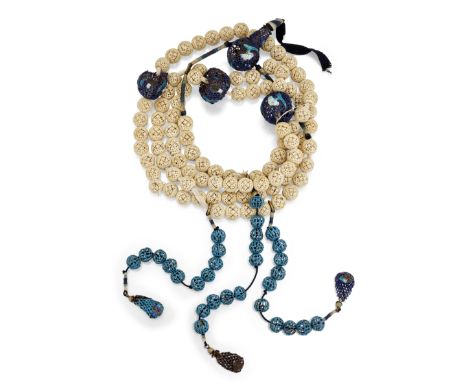 A CHINESE CARVED BONE AND ENAMEL BEAD NECKLACE, the round carved bone beads, each approx. 13mm diameter, with additional blue