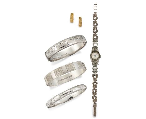 A 15 CARAT GOLD SAPPHIRE, RUBY AND DIAMOND SWIFT BROOCH, to include a pair of 9ct textured gold earrings, (3g); three silver 
