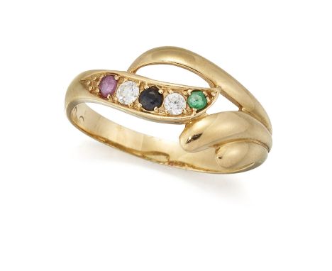 A 14CT MULTI GEMSET RING, the stylised crossover ring set with a small round emerald, sapphire and a ruby and two small white