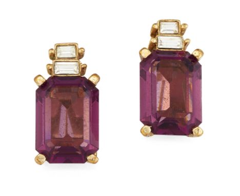 A PAIR OF CHRISTIAN DIOR PASTE SET CLIP EARRINGS, each set with a large purple stone and two smaller white stones, signed