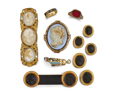 A COLLECTION OF 19TH CENTURY JEWELLERY,&nbsp; to include a suite of jet cameo jewellery comprising of a bar brooch, a pair of