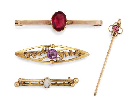 FOUR GOLD AND GEMSET BAR BROOCHES, comprising an unmarked opal bar brooch (tests as approx. 9ct gold), 38mm long; an unmarked