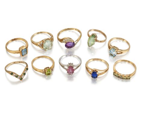 A QUANTITY OF 9 CARAT GOLD GEMSET RINGS, to include ruby, peridot, amethyst, emerald, etc, a 9ct white gold pink sapphire rin