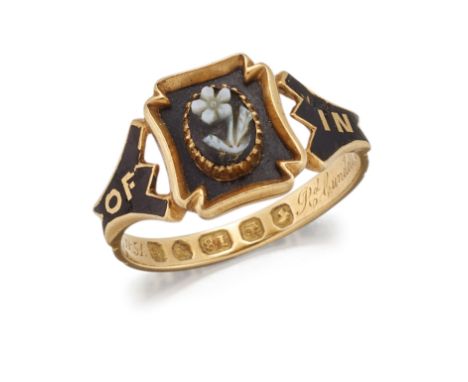 A VICTORIAN 18 CARAT GOLD AND ENAMEL MOURNING RING, hallmarked London 1848, engraved with name and dateThe absence of a Condi