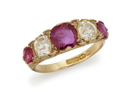 AN 18 CARAT GOLD CERTIFIED NATURAL BURMESE RUBY AND DIAMOND RING, the central cushion cut ruby set to either side with an old