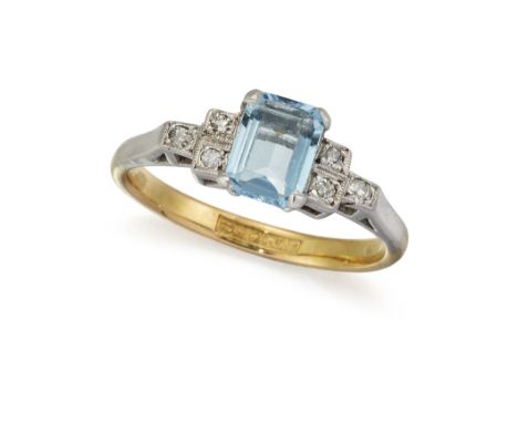 AN ART DECO STYLE&nbsp;PLATINUM AND 18 CARAT GOLD AQUAMARINE AND DIAMOND RING, the emerald cut aquamarine, estimated approx. 