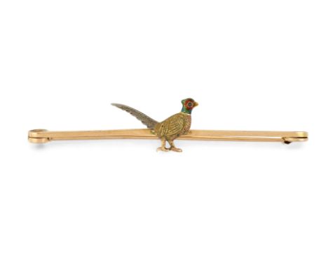 A 15 CARAT GOLD AND ENAMEL PHEASANT BROOCH, the naturalistically modelled pheasant in bi-colour gold with polychrome enamel h