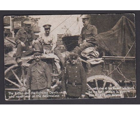 Military Pets - WWI postcard 'The Kitten and the fighting Devils who never war on the defendless' - Troops on WWI trucks