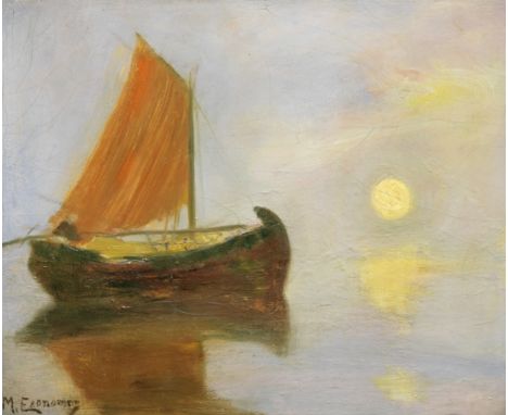 Michalis Economou (Greek, 1888-1933)Fishing boat at sunset  signed 'M.Economou' (lower left)oil on board54.2 x 65.5 cm. Footn