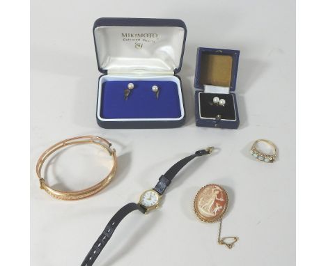 A 9 carat gold opal dress ring, together with a Rotary wristwatch, a cameo brooch, earrings and other items